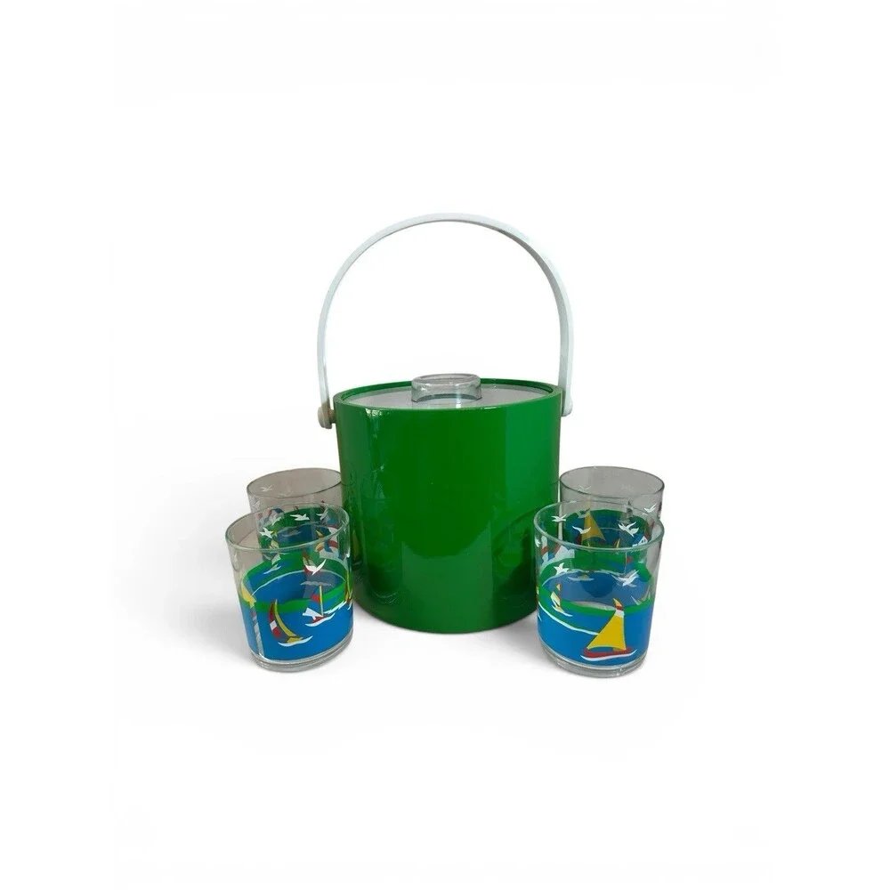 Vintage Shelton Ware Ice Bucket Set Green 4 Sailboat Plastic Tumblers Nautical